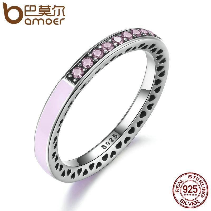 BAMOER 925 Sterling Silver Radiant Hearts Light Pink Enamel & Clear CZ Finger Ring PA7603