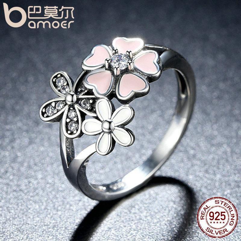 BAMOER 925 Sterling Silver Pink Flower Poetic Daisy Cherry Blossom Finger Ring SCR004