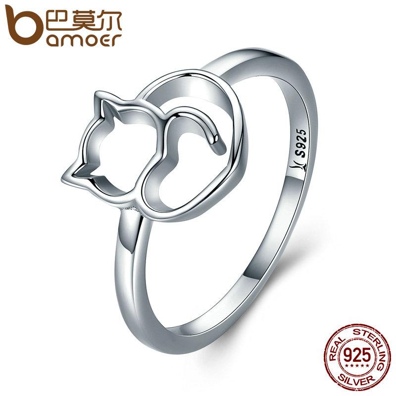 BAMOER 925 Sterling Silver Naughty Little Cat & Heart Finger Ring SCR104