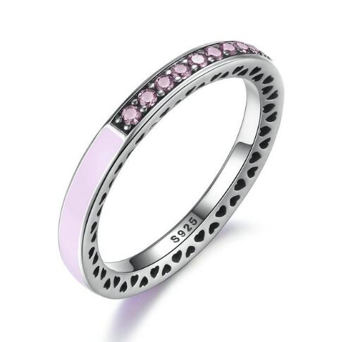 BAMOER 925 Sterling Silver Radiant Hearts Light Pink Enamel & Clear CZ Finger Ring PA7603