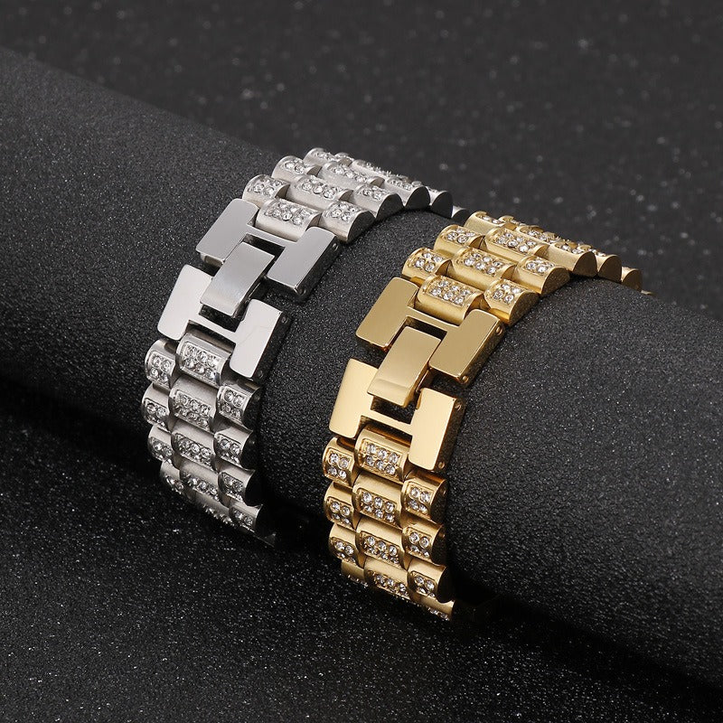 European and American personalized creative HipHop tank diamond set men's hip hop titanium steel bracelet