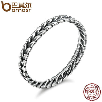 BAMOER 925 Sterling Silver Stackable Ring Wheat Shape Arrow Finger Ring SCR139