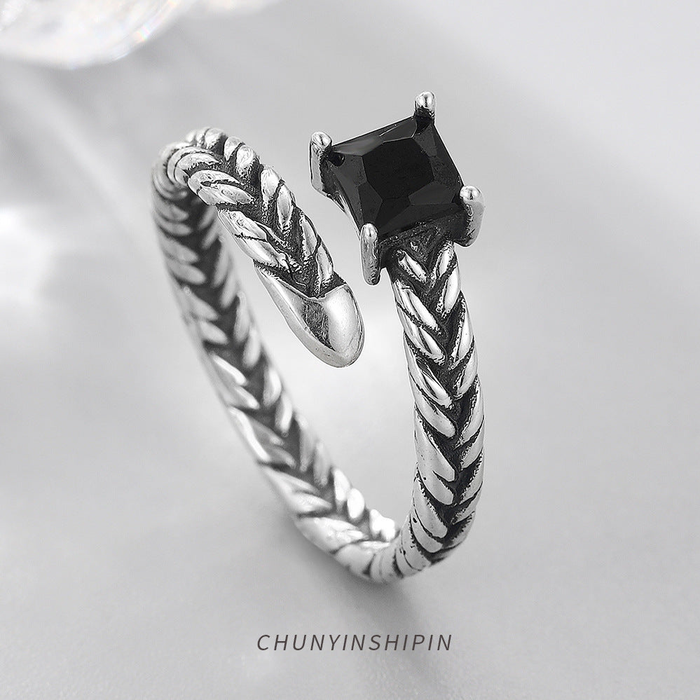 Personality Retro Woven Square Diamond Open Ring S925 Sterling Silver Temperament Black Diamond Ring Female Index Finger Ring Jewelry