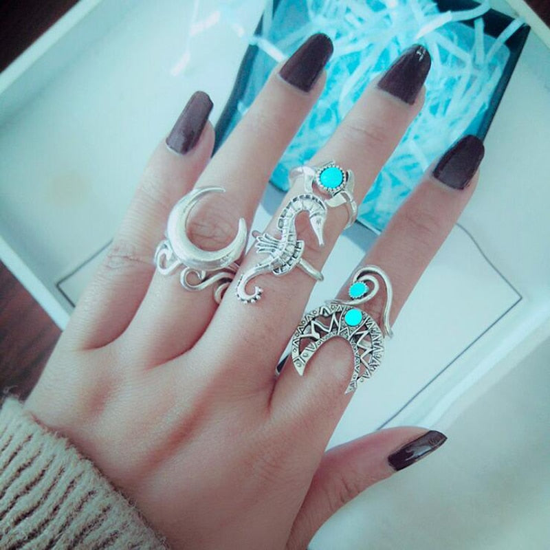 6pcs/Set Bohemia Silver Moon Hippocampi Wave Rings Set Rhinestone Knuckle Finger Midi Rings