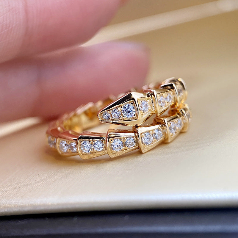 Light Luxury Full Diamond Niche Design Plated Au750 Small Snake Ring Female Ins Tide Diamond Open Snake Bone Index Finger Ring