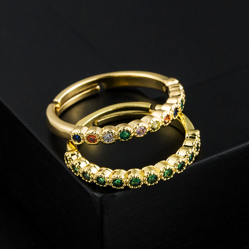 New Ring Fashion Ins Trend Copper Plated 18K Gold Inlaid Colored Zircon Open Adjustable Ring