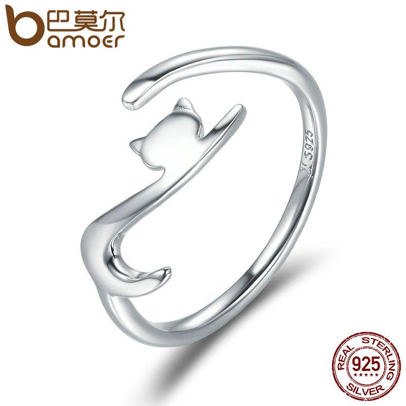 BAMOER 925 Sterling Silver Sticky Cat with Long Tail Finger Ring SCR220