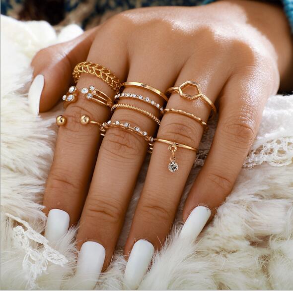 8pcs/sets Bohemian Geometric Rings Sets Clear Crystal Stone Gold Chain Opening Rings