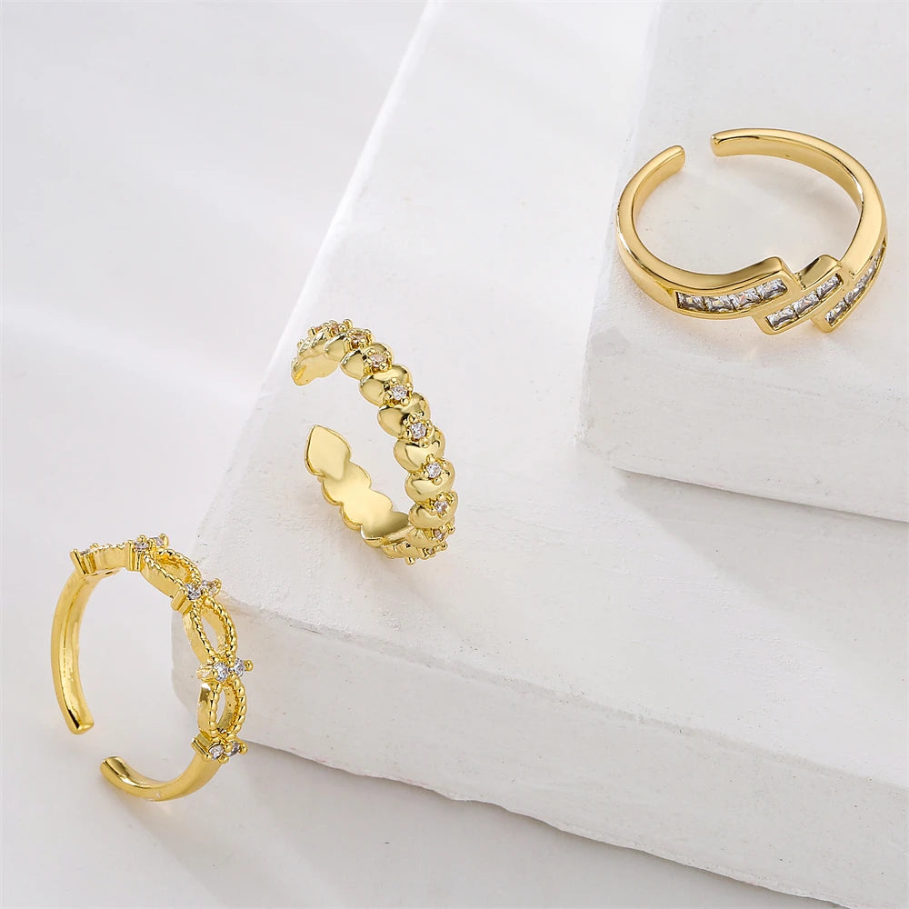 Gold Color Copper Wedding Jewelry Female Luxury Open Design Finger Ring Adjustable