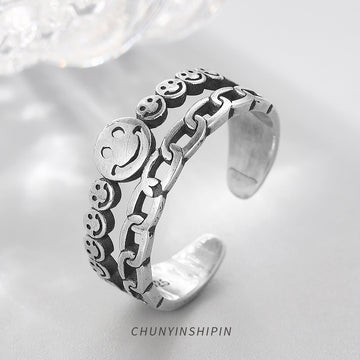 Personality Retro Smiling Face Open Ring S925 Sterling Silver Korean Temperament Double-Layer Ring Trendy Index Finger Ring Female Jewelry