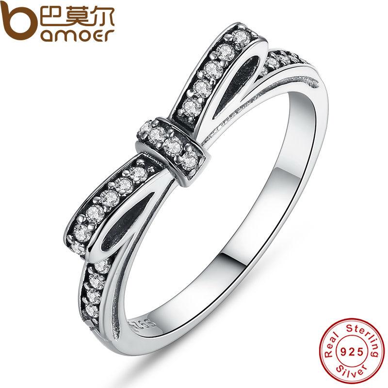 BAMOER 925 Sterling Silver Sparkling Bow Knot Stackable Ring Micro Pave CZ Jewelry PA7104