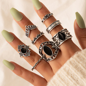 Black Oil Drip Ring Set Of Eight Retro Geometric Hollow Ring Set