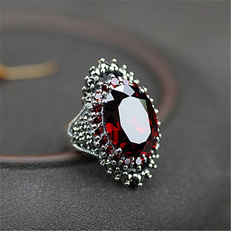 Silver Jewelry Vintage Thai Silver Large Gemstone Ring Ring Red Jewelry Exaggerated Black Mine Finger Ring