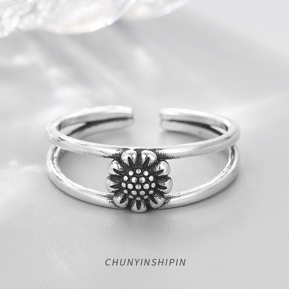 Personality Retro Sunflower Open Ring S925 Sterling Silver Korean Simple Daisy Ring Female Index Finger Ring