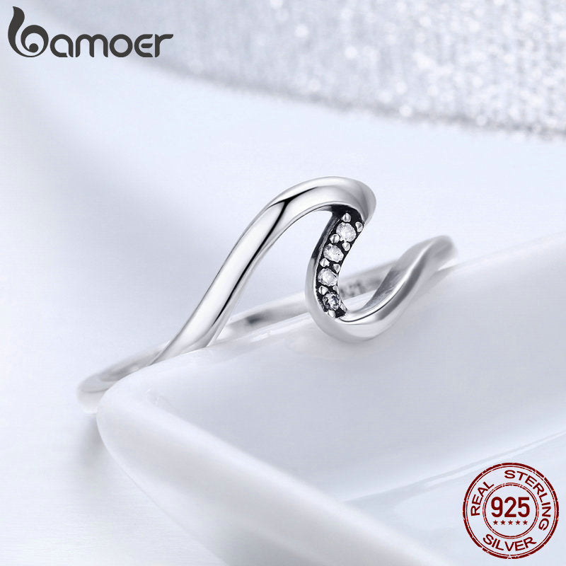 BAMOER Authentic 100% 925 Sterling Silver Geometric Wave Finger Rings for Women Wedding Engagement Jewelry