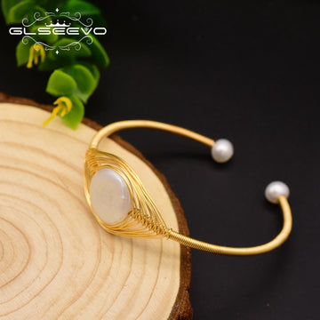 GLSEEVO Original Design Handmade Natural Freshwater Pearl Bangle For Women Wedding Gift Fine Jewelry Pulseira Feminina GB0113