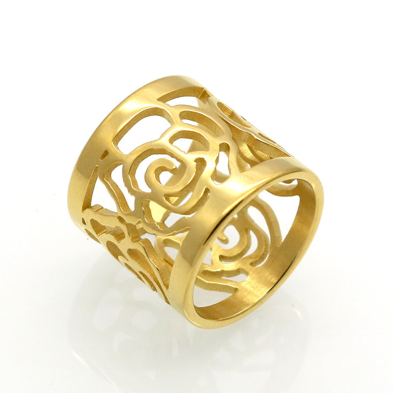 New Arrival Top Quality Rose Flower Hollowing Craft Gold Color Ring Fashion Brand Jewelry Stainless Steel