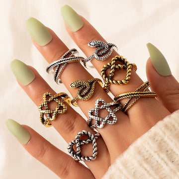 Retro Love Star Ring Set of Eight Geometric Snake Multicolor Ring Set