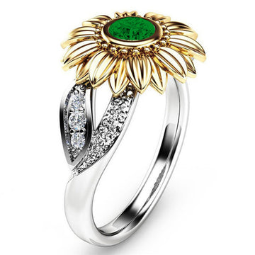 Gold Sunflower Crystal Wedding Rings