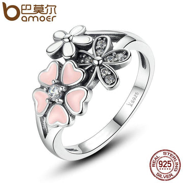 BAMOER 925 Sterling Silver Pink Flower Poetic Daisy Cherry Blossom Finger Ring SCR004