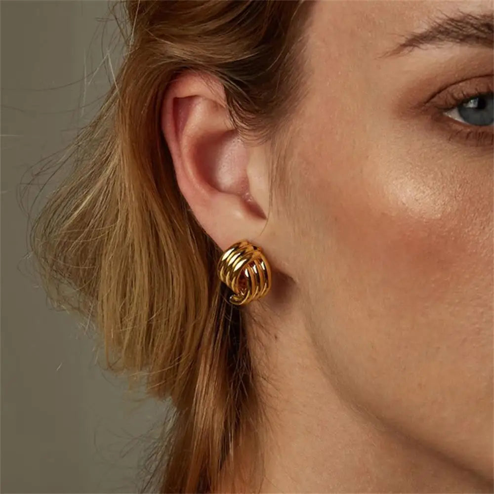 New Trend Waterproof Anti Allergic Metal Geometric Irregular Drop Earrings Gold Plated PVD Chunky Texture Zircon C Ear Stud Hoop