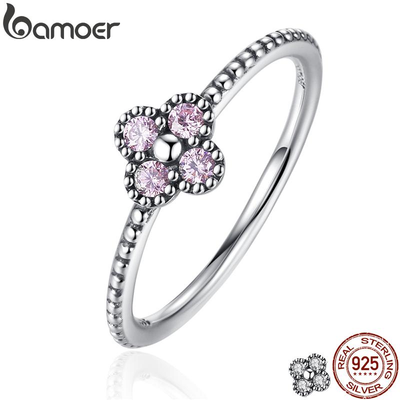 BAMOER 925 Sterling Silver Clear CZ Romantic Clover Ring PA7197