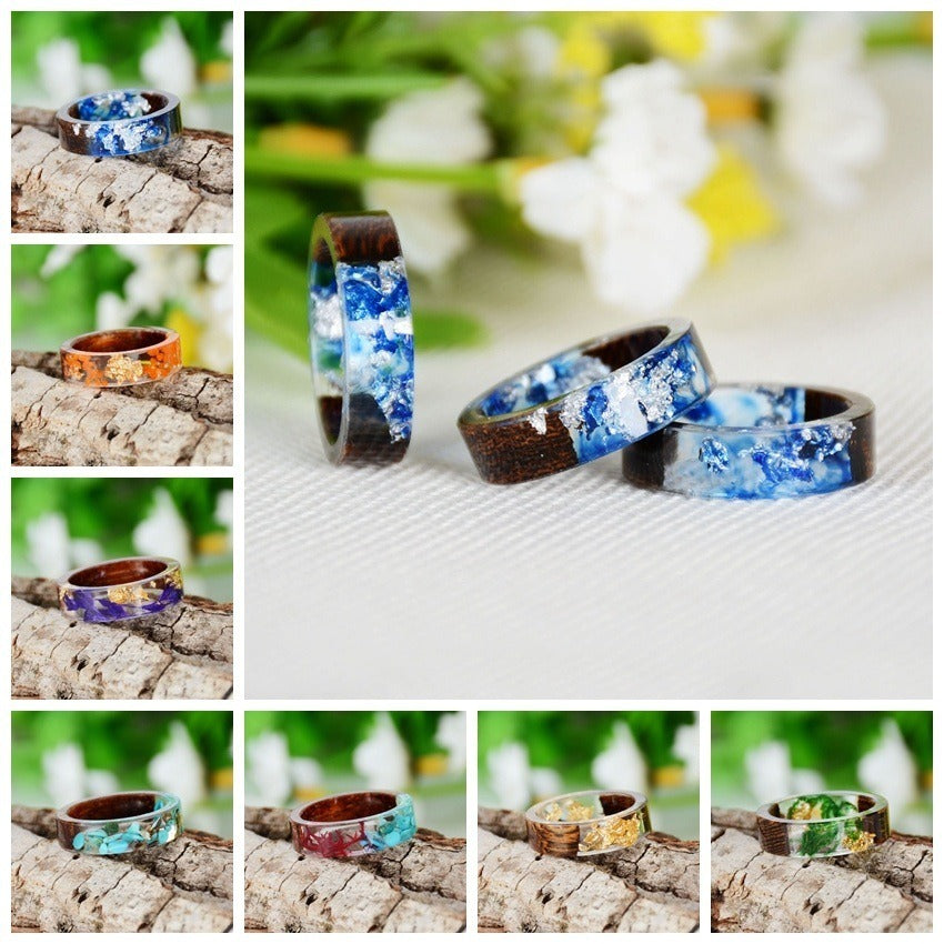 Fashion Handmade Dried Flower Wedding Jewelry Love Ring Transparent Epoxy Resin Ring Wood Resin Ring For Women