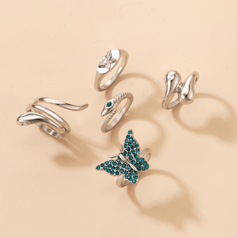 Blue Butterfly Diamond Ring Set of Five Snake Irregular Ring Set