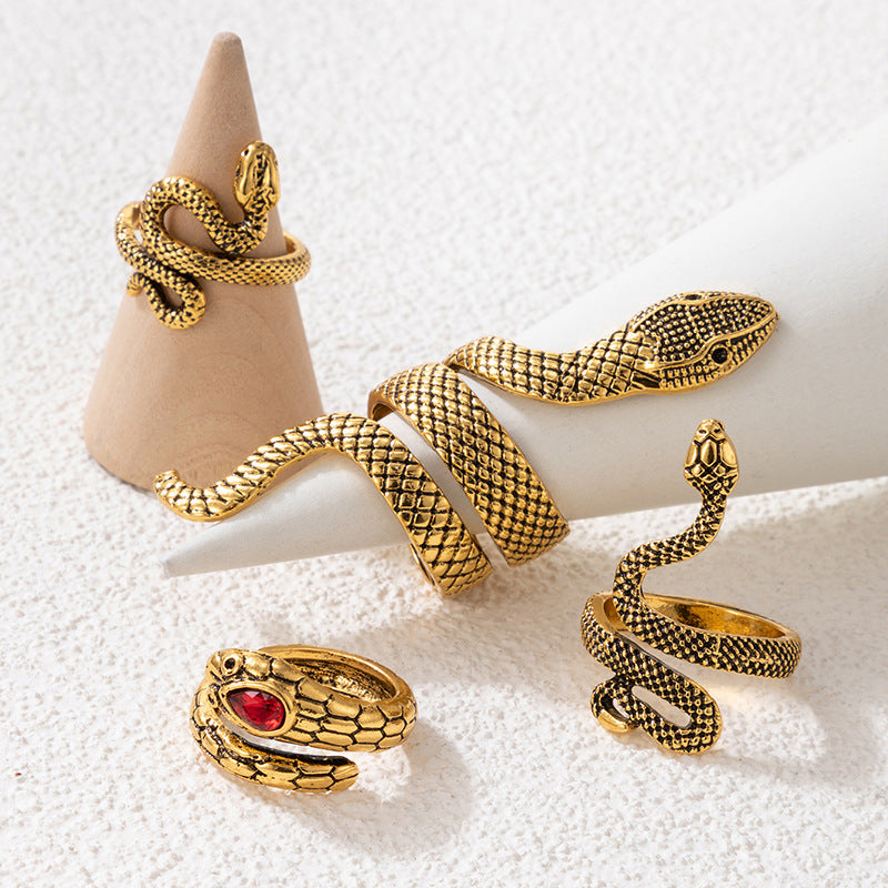 Imitation Ruby Inlaid Snake Ring Set Ancient Gold Animal Snake Ring Set Of Four