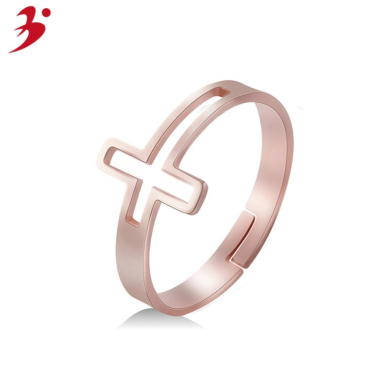 Christian Jesus Cross Rose Gold Open Ring Female Personality Trendy Stainless Steel Index Finger Ring