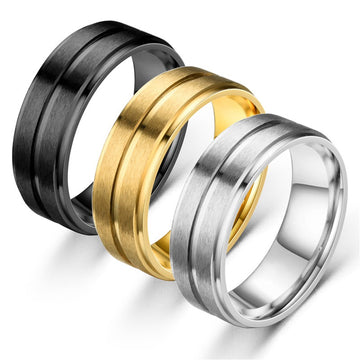 Stainless Steel 8mm Wide Matte Double Step Simple Men's Ring Black Gold White Ring