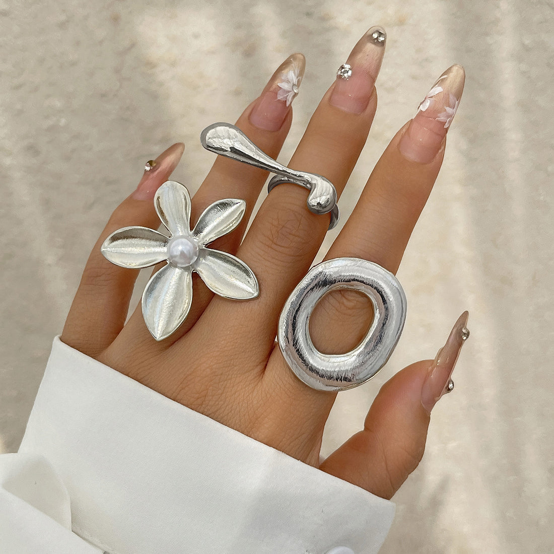 Ins Cold Wind Irregular Water Drop Open Ring Fashion Texture Flower Pearl Ring