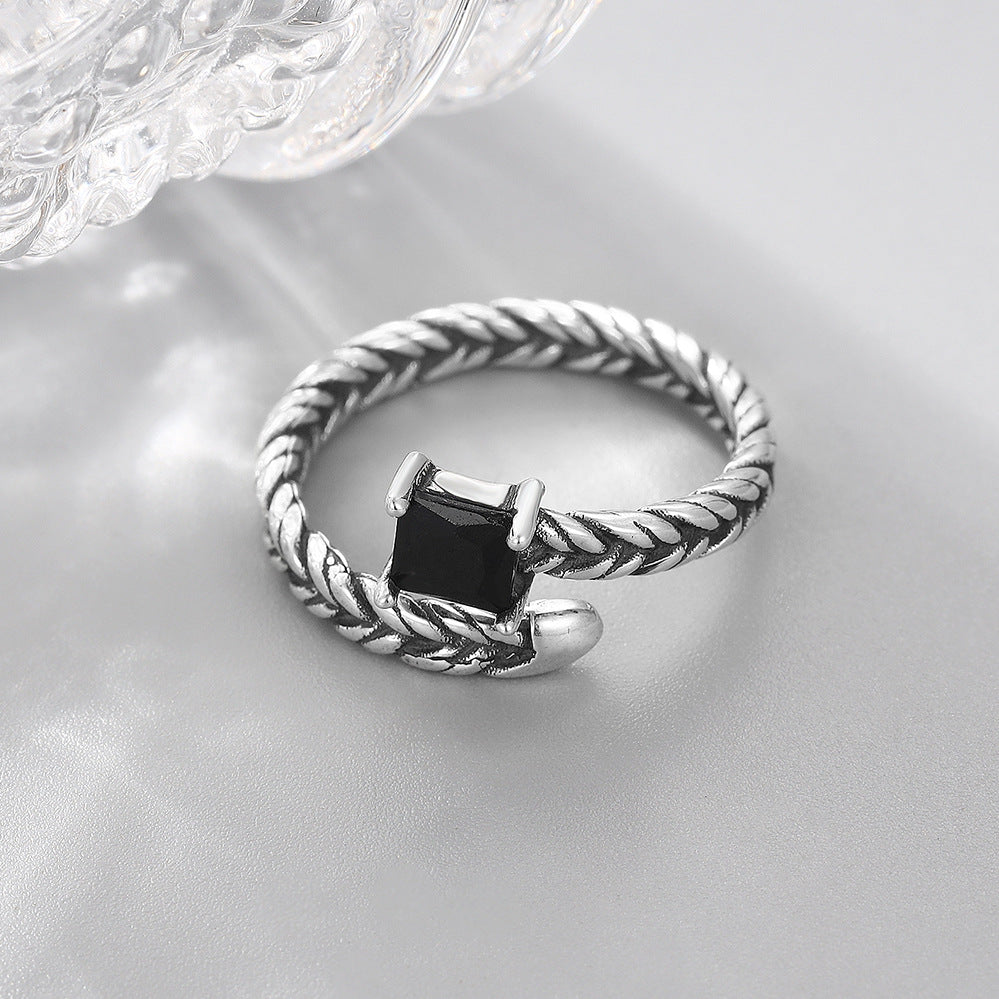 Personality Retro Woven Square Diamond Open Ring S925 Sterling Silver Temperament Black Diamond Ring Female Index Finger Ring Jewelry