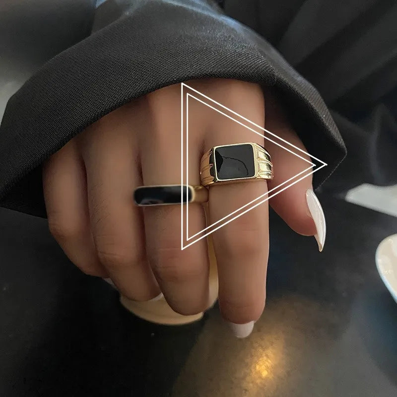 Vintage Black Square Wide Open Adjustable Ring For Women Creative Fashion Temperament Party Jewelry Gifts