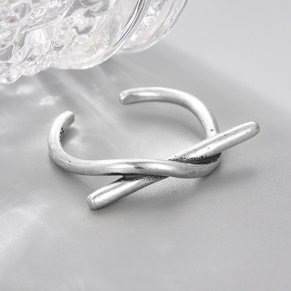 S925 Sterling Silver Retro Crossbar Open Ring Korean Trendy Style Personalized Index Finger Ring Female