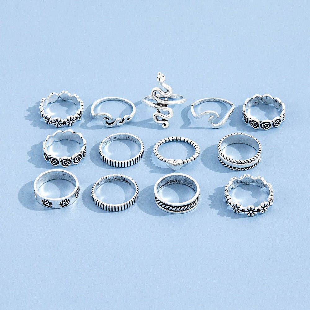 Personality Exaggeration Snake Shaped Flower Love Geometric Ring Joint Ring 13 Pcs Set