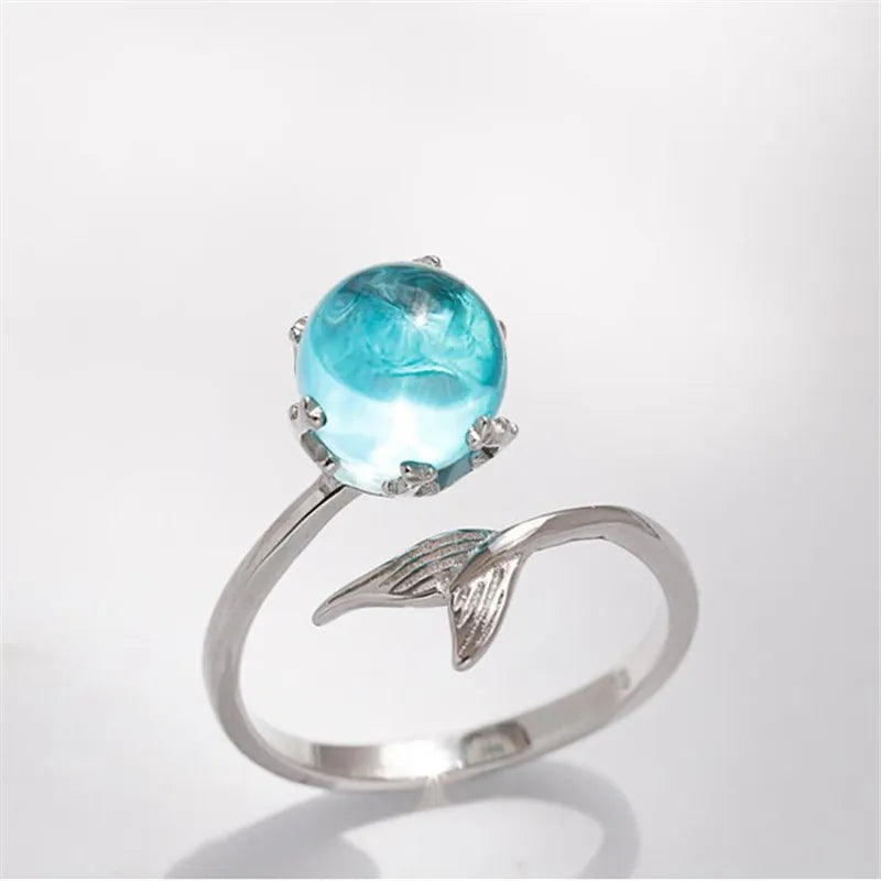 Adjustable Open Blue Crystal Mermaid Bubble Rings