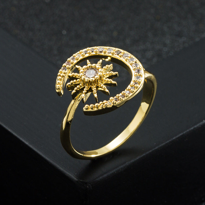 Open Adjustable INS Creative Star And Moon Ring Copper-Plated 18K Gold Micro-Set Zircon Jewelry