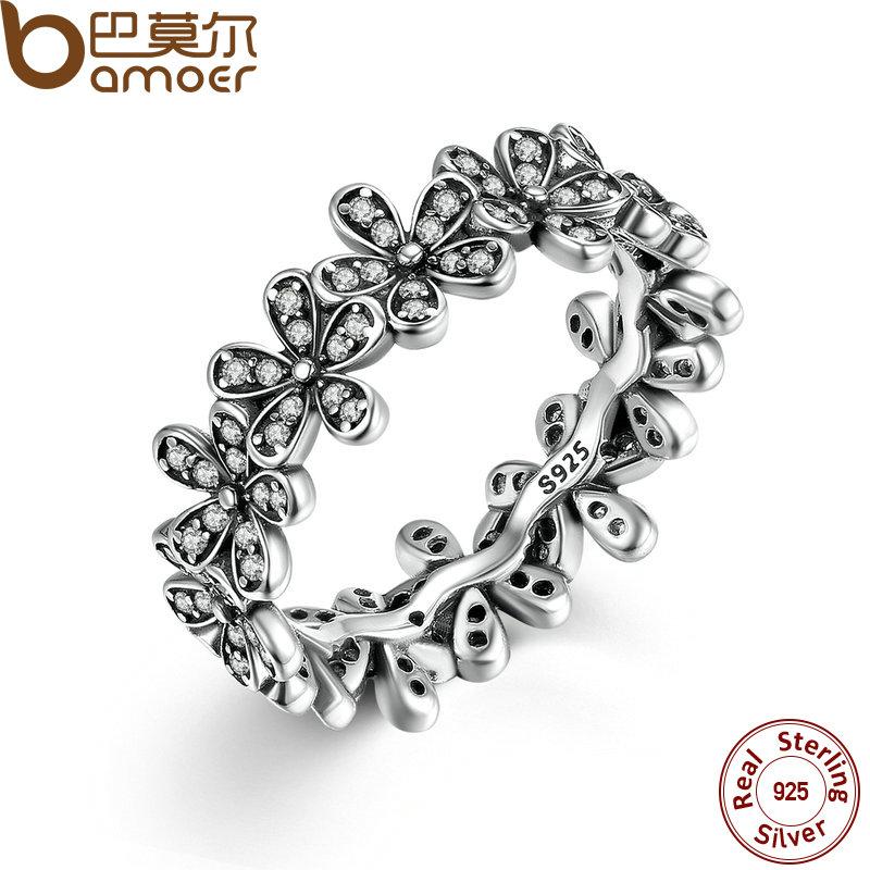 BAMOER 925 Sterling Silver Flowers Finger Rings Dazzling Daisy Meadow Stackable Ring PA7122