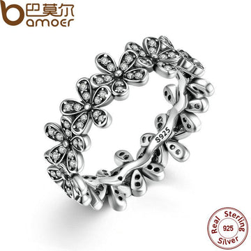 BAMOER 925 Sterling Silver Flowers Finger Rings Dazzling Daisy Meadow Stackable Ring PA7122