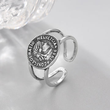 s925 Sterling Silver Ring Retro Old Coin Portrait Ring Korean Personality Female Trend Fashion Open Silver Ring Jewelry