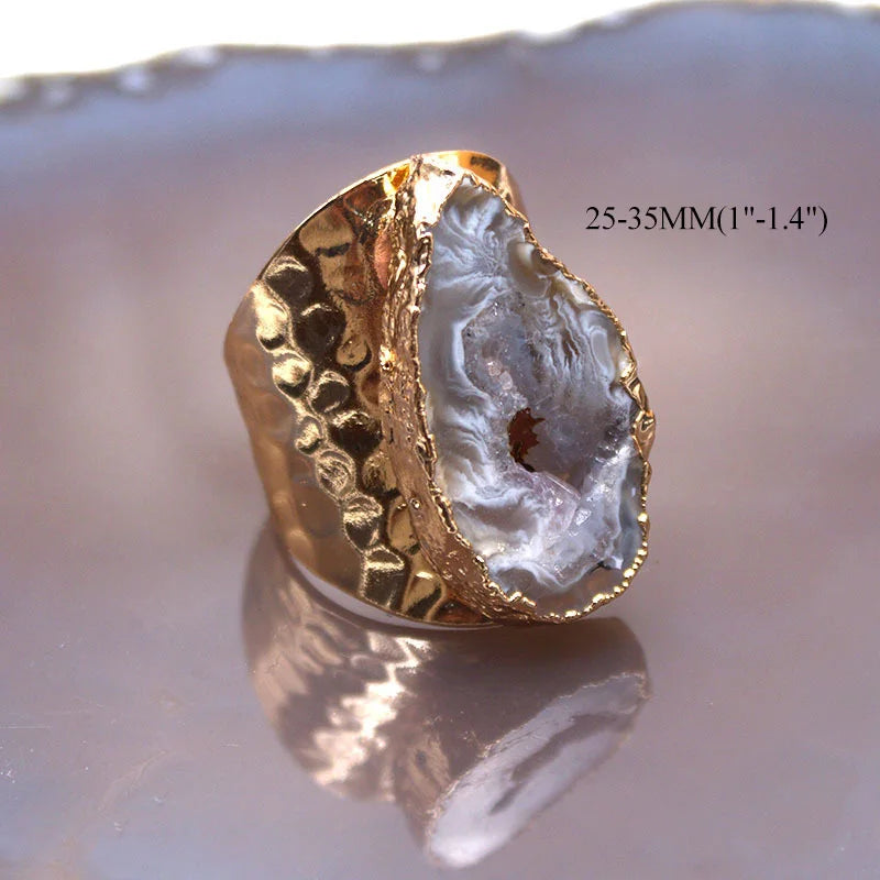 Agates Ring Slice Druzy Handmade Electroplated Goldtone Plated Free Form from Brazil Natural Stone Style