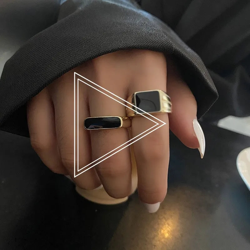 Vintage Black Square Wide Open Adjustable Ring For Women Creative Fashion Temperament Party Jewelry Gifts