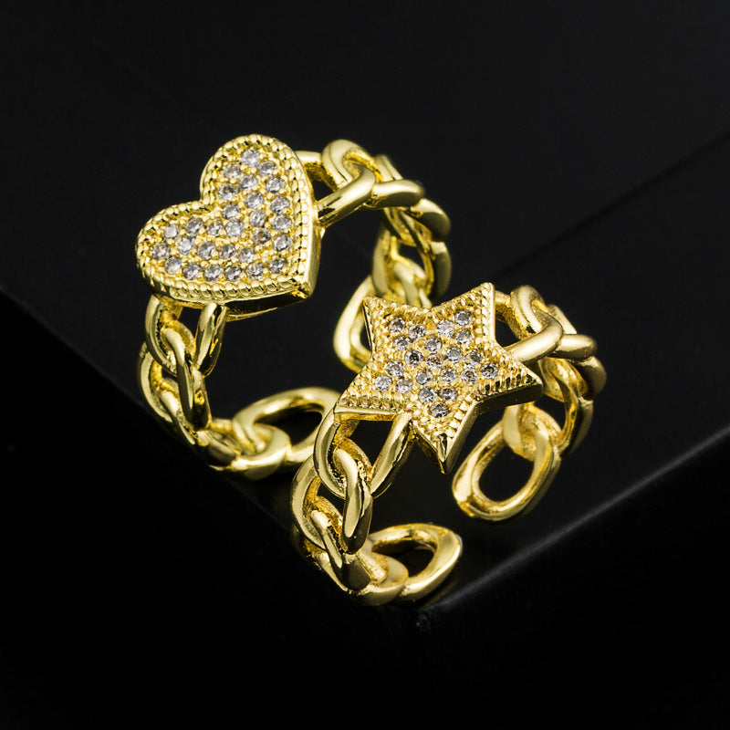 Fashion Copper-Plated Real Gold Micro-Set Zircon Love Ring Personality Temperament Open Ring Accessories Women