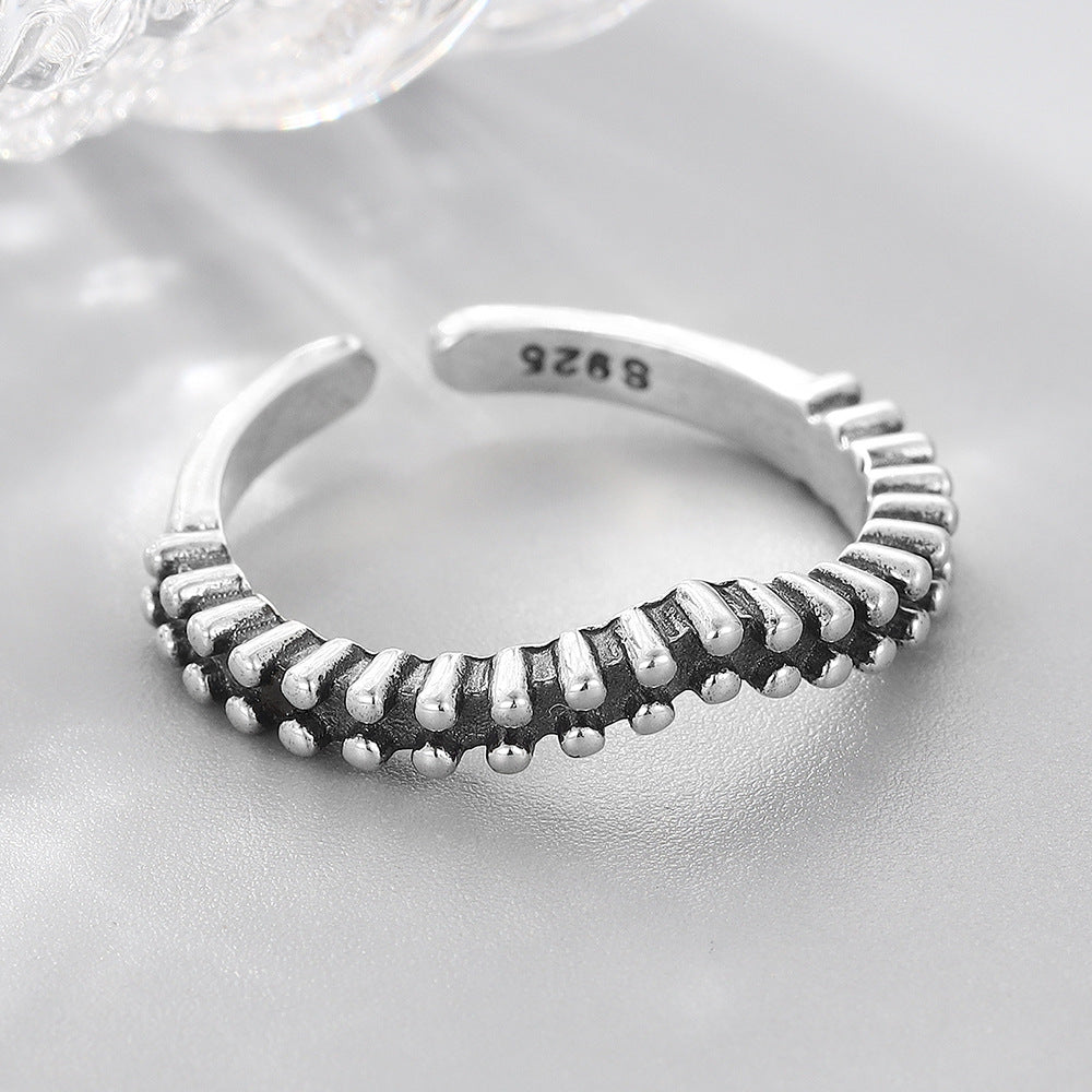 Personality Retro Wave Open Ring s925 Sterling Silver Korean Trendy Temperament V-Shaped Ring Jewelry Index Finger Ring Female