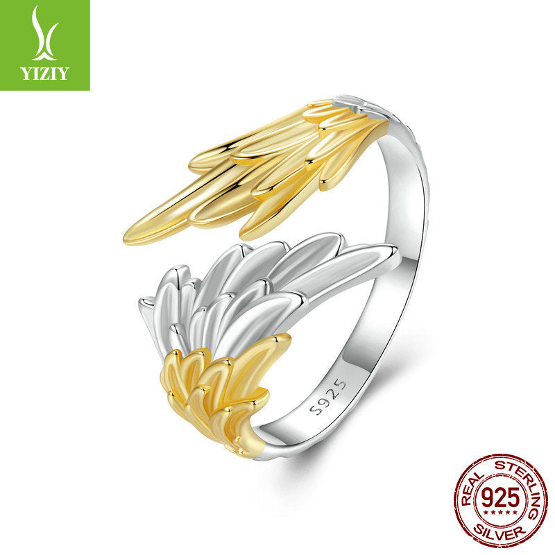 Yinziyun original 14K gold plated wing opening ring, men's and women's personalized and atmospheric s925 silver gold silver wing ring