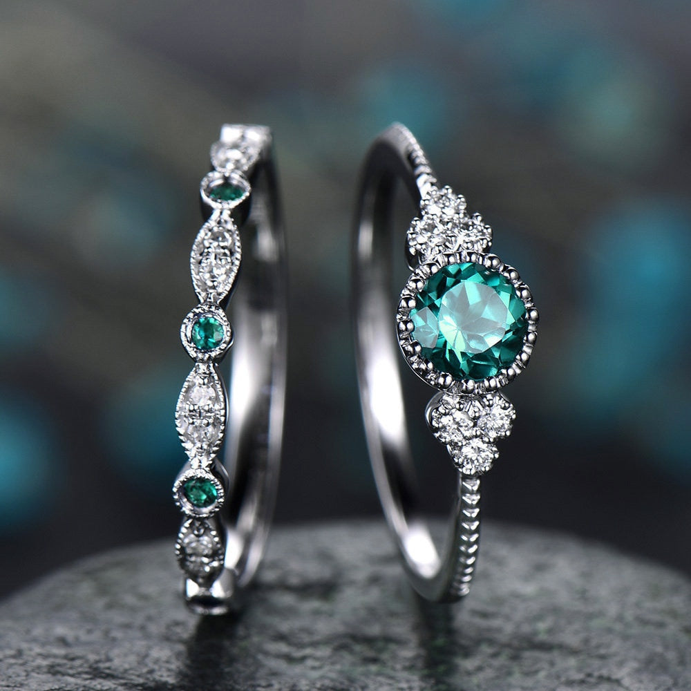 2Pcs/Set Luxury Green Blue Stone Crystal Rings For Women Sliver Color Wedding Engagement Rings Jewelry Dropship bagues pour