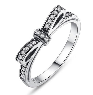 BAMOER 925 Sterling Silver Sparkling Bow Knot Stackable Ring Micro Pave CZ Jewelry PA7104