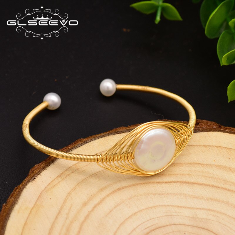 GLSEEVO Original Design Handmade Natural Freshwater Pearl Bangle For Women Wedding Gift Fine Jewelry Pulseira Feminina GB0113