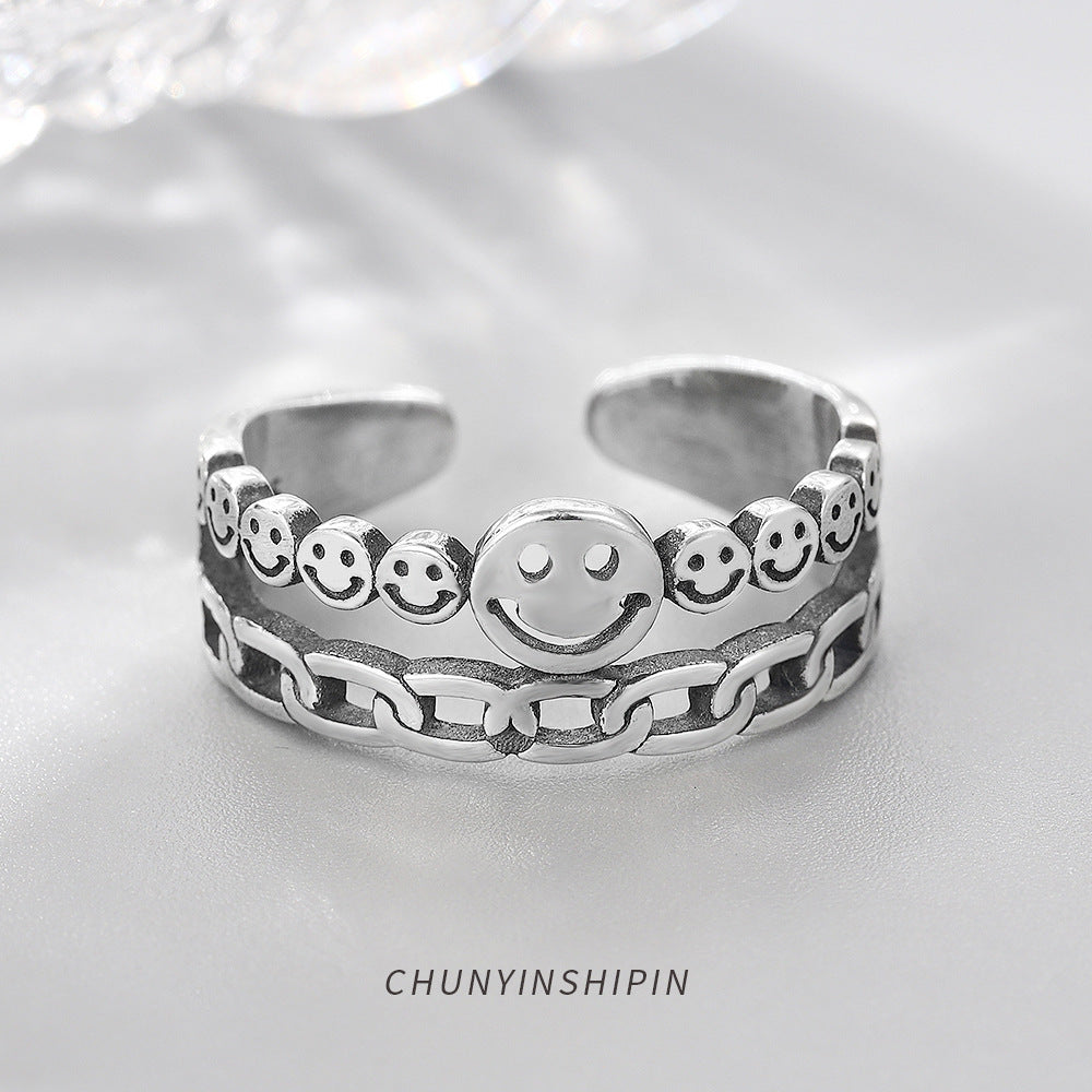 Personality Retro Smiling Face Open Ring S925 Sterling Silver Korean Temperament Double-Layer Ring Trendy Index Finger Ring Female Jewelry